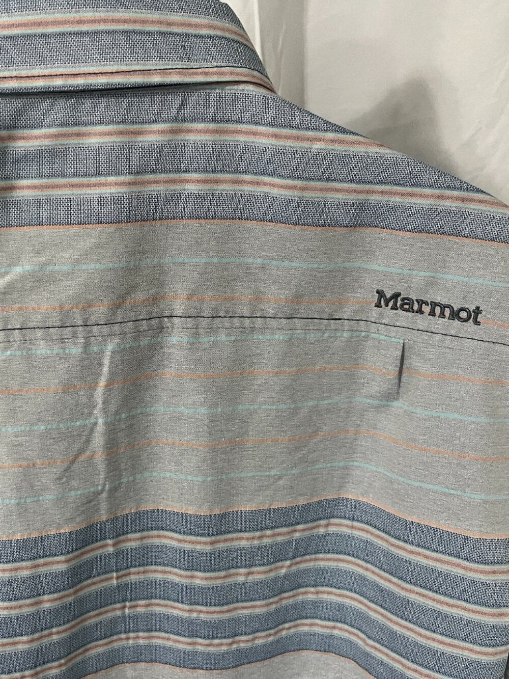 🏕️ Marmot Men’s Gray Blue Pink Hiking Fishing Shirt L Short Sleeve EUC 🎣